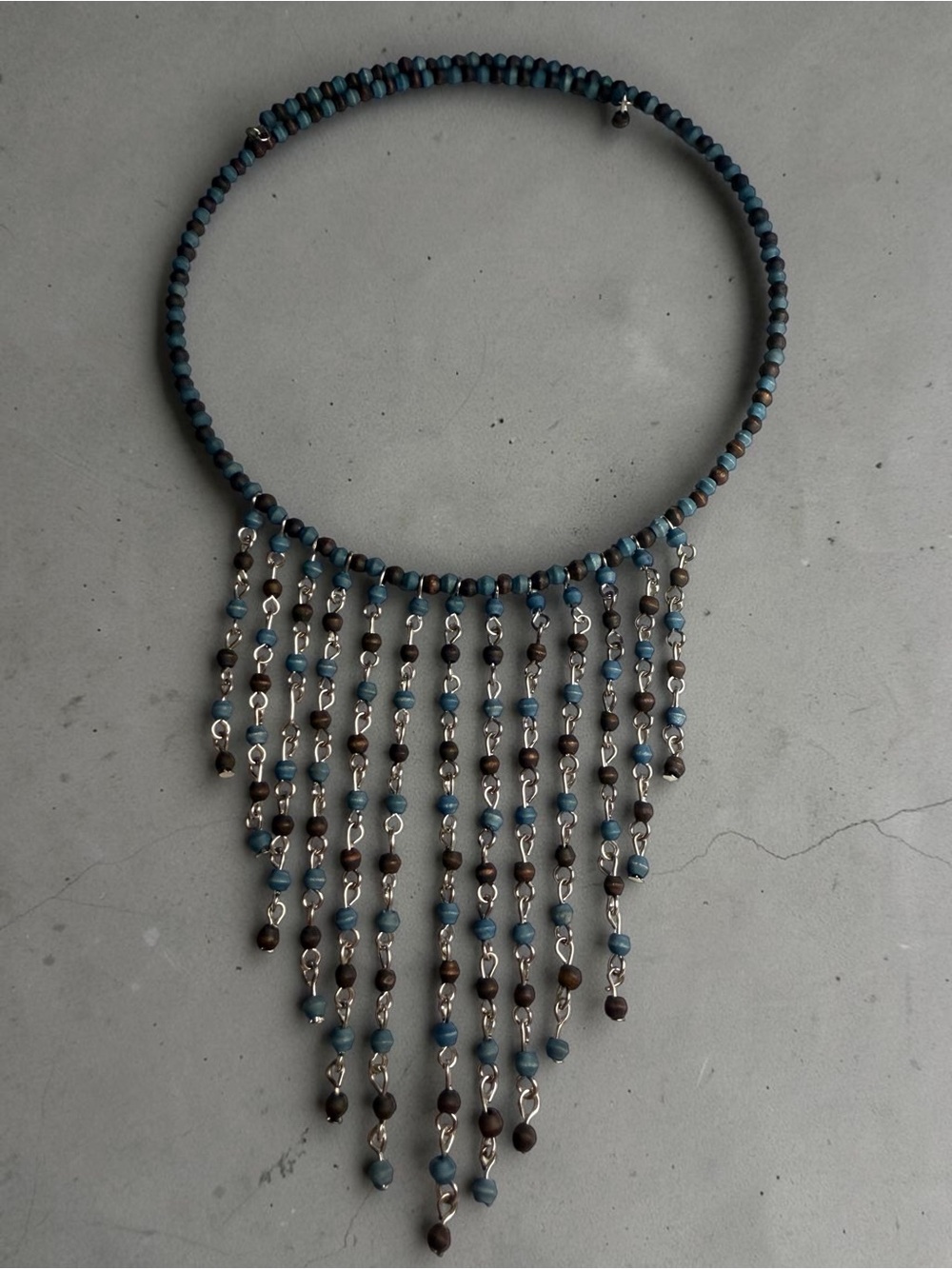 Handcrafted Blue and Brown Beaded Fringe Necklace